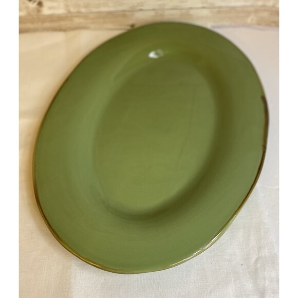 La Ceramica Large Oval Green Ceramic Serving Platter 15” X 11” Italy Brown Rim - Picture 2 of 8
